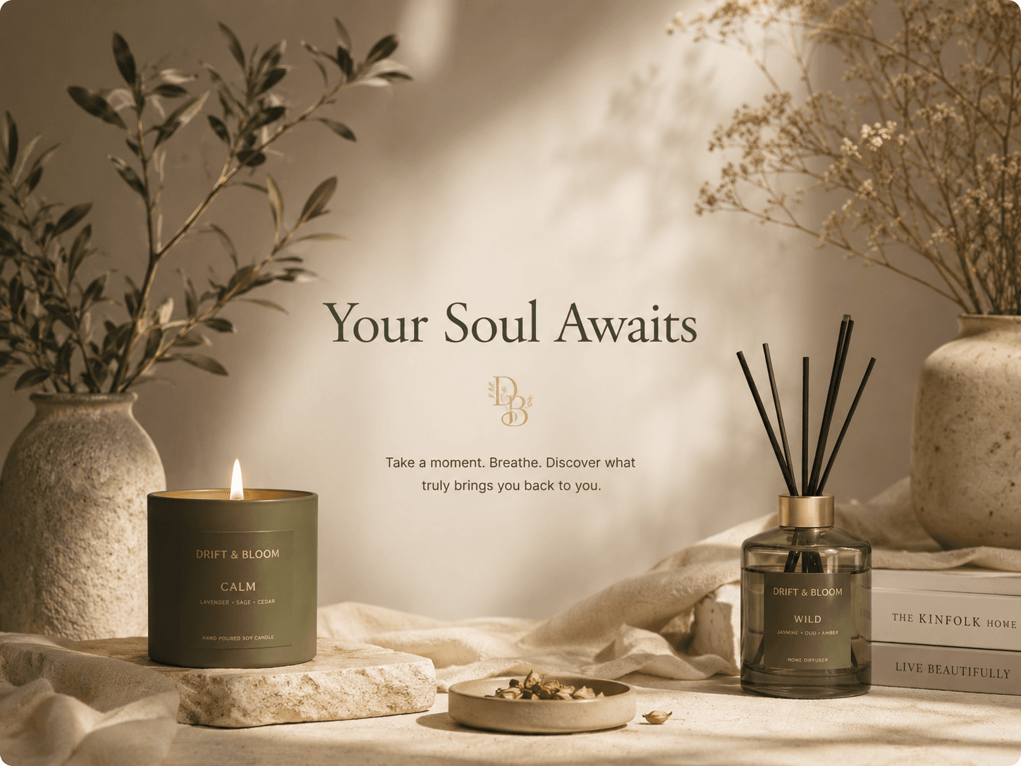 A curated Drift & Bloom gift package — plant, candle, and story card